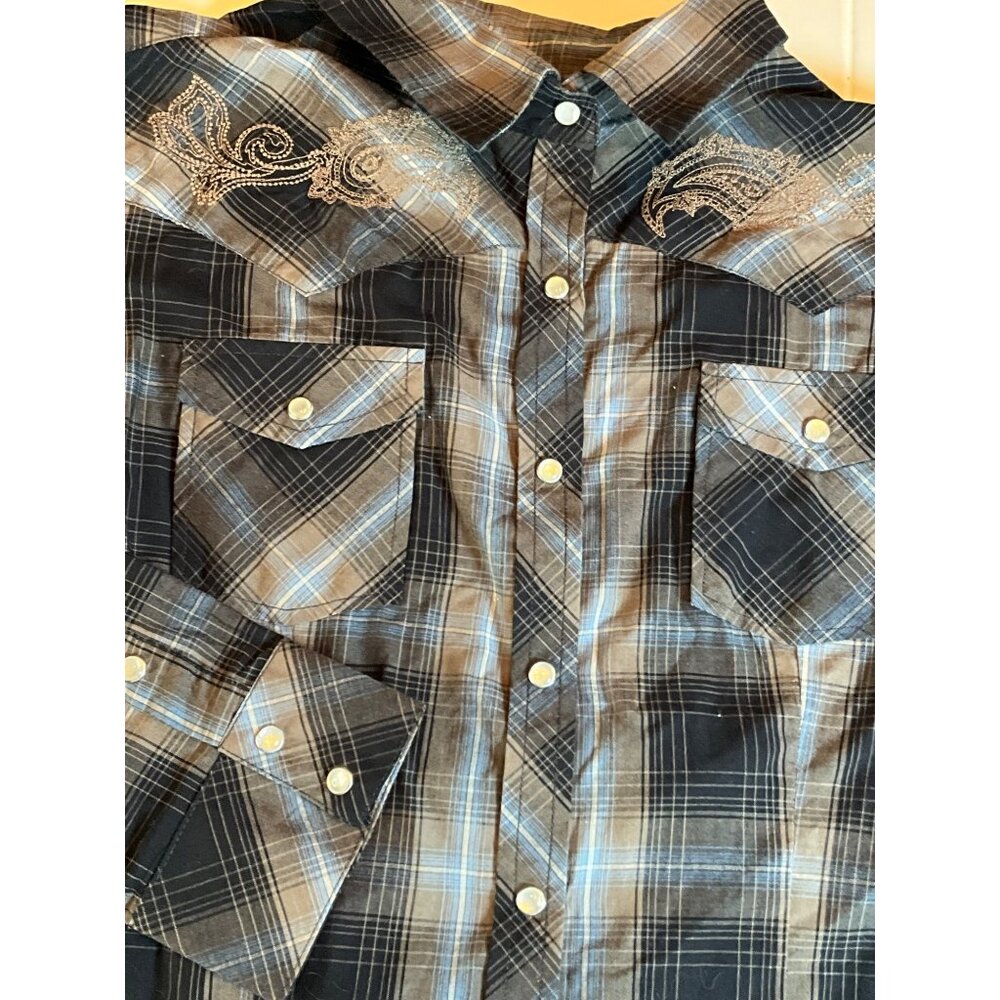 Bit & Bridle Women's Large Browns/Blue/Tan Western Shirt Faux Pearl‎ Snaps